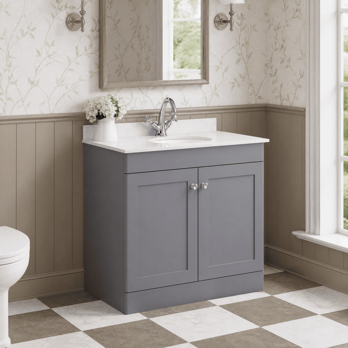 [BFCL226WR1] Swynnerton Traditional 2 Door Floor Standing Vanity Basin Unit with 1 Tap Hole White Marble Worktop and Basin, Choice of Size and Colour