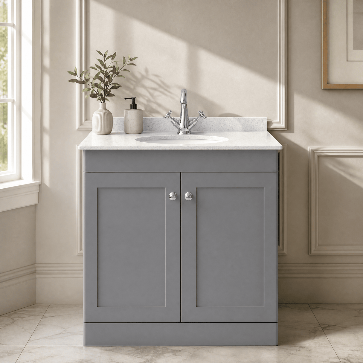 [BFCL226WR1] Swynnerton Traditional 2 Door Floor Standing Vanity Basin Unit with 1 Tap Hole White Marble Worktop and Basin, Choice of Size and Colour - Silo