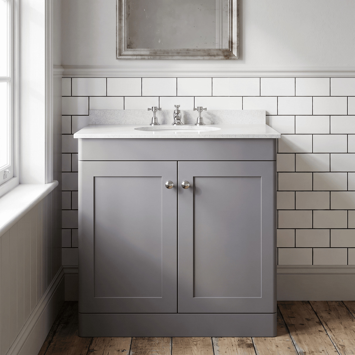 [BFCL226WR3] Swynnerton Traditional 2 Door Floor Standing Vanity Basin Unit with 3 Tap Hole White Marble Worktop and Basin, Choice of Size and Colour