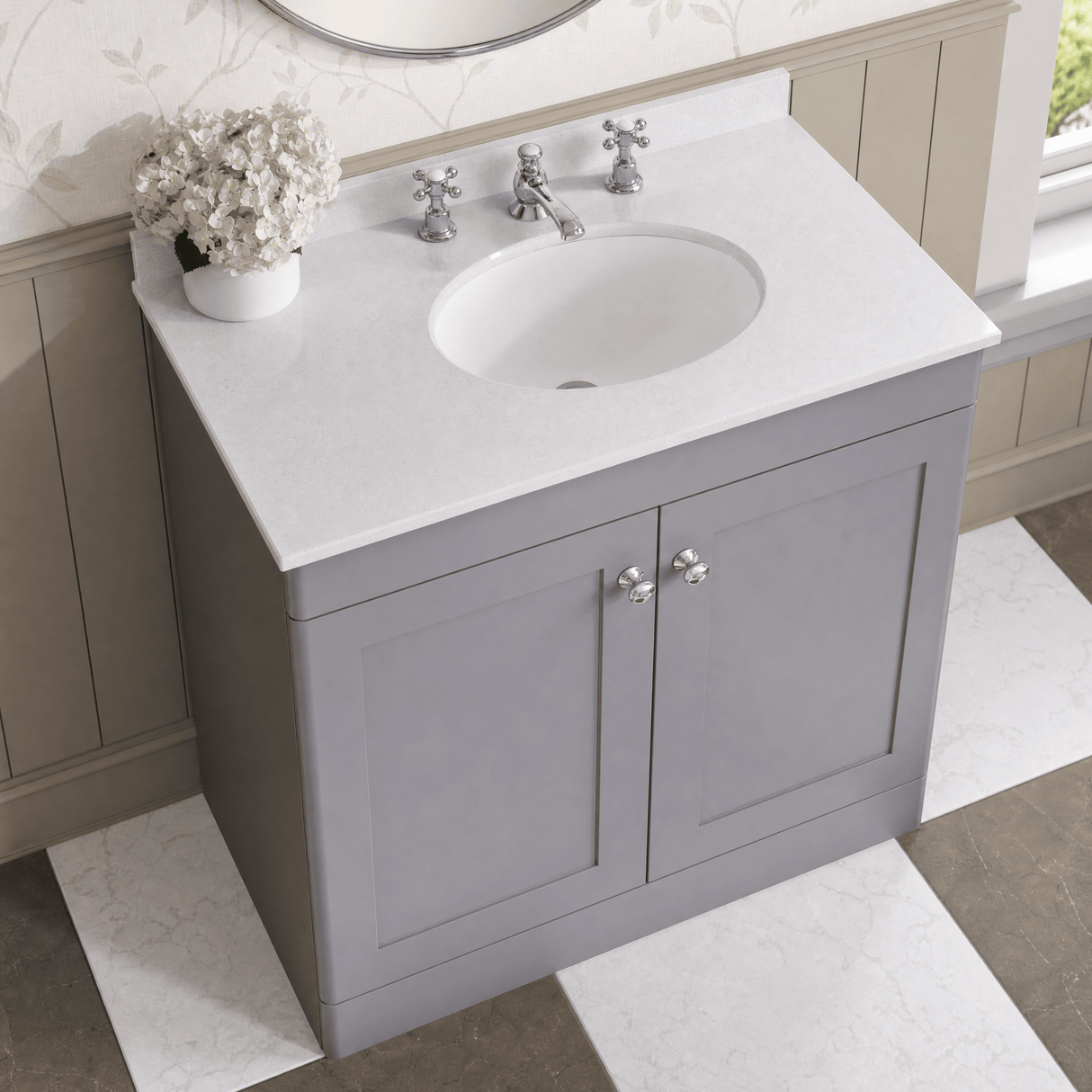 [BFCL226WR3] Swynnerton Traditional 2 Door Floor Standing Vanity Basin Unit with 3 Tap Hole White Marble Worktop and Basin, Choice of Size and Colour