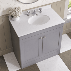 [BFCL226WR3] Swynnerton Traditional 2 Door Floor Standing Vanity Basin Unit with 3 Tap Hole White Marble Worktop and Basin, Choice of Size and Colour