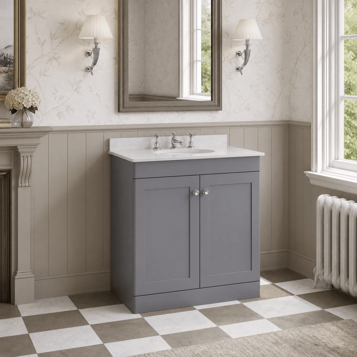 [BFCL226WR3] Swynnerton Traditional 2 Door Floor Standing Vanity Basin Unit with 3 Tap Hole White Marble Worktop and Basin, Choice of Size and Colour
