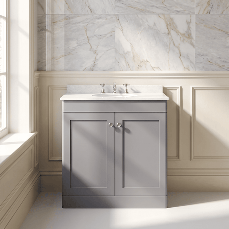 [BFCL226WR3] Swynnerton Traditional 2 Door Floor Standing Vanity Basin Unit with 3 Tap Hole White Marble Worktop and Basin, Choice of Size and Colour - Silo
