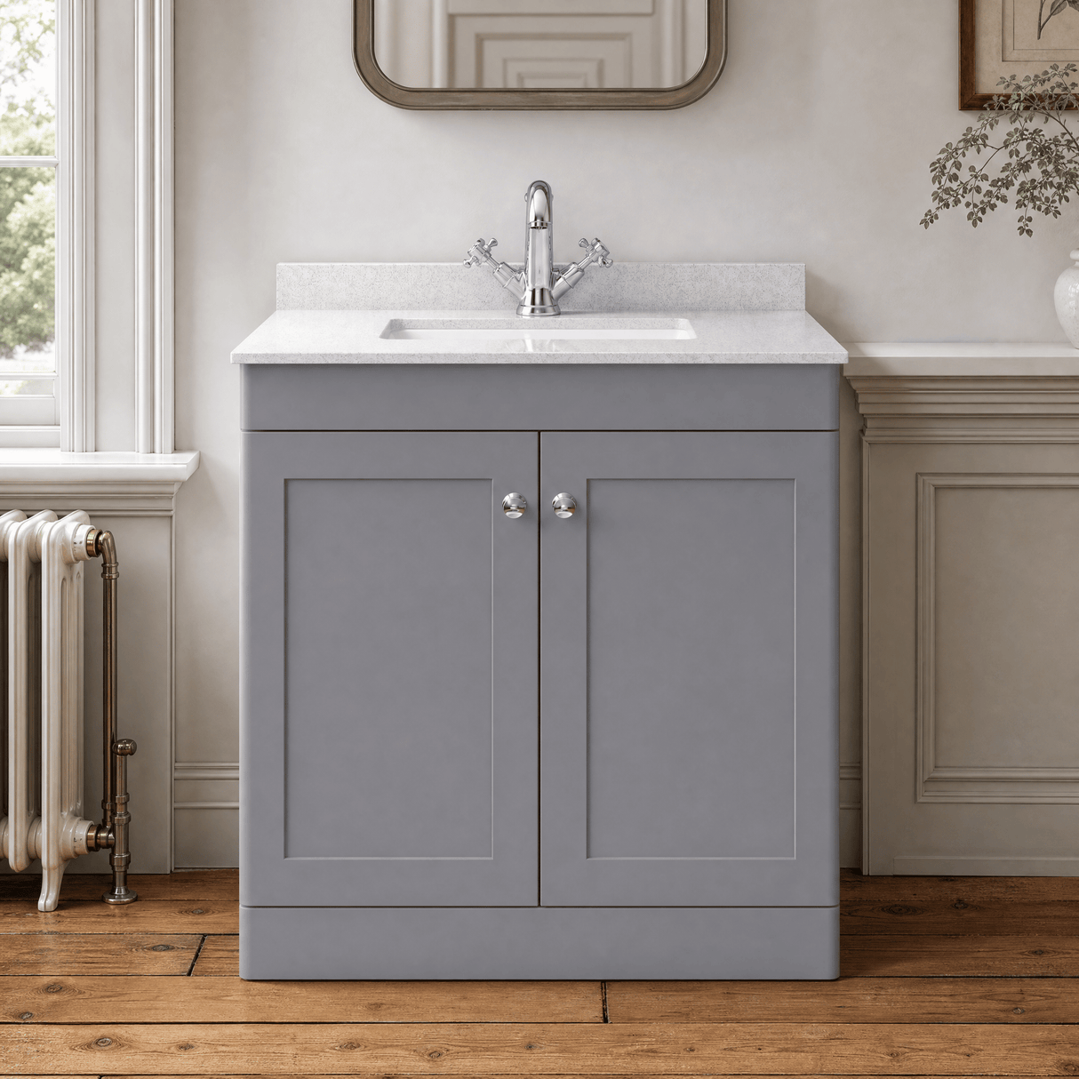 [BFCL226WS1] Swynnerton Traditional 2 Door Floor Standing Vanity Basin Unit with 1 Tap Hole White Marble Worktop and Square Basin, Choice of Size and Colour