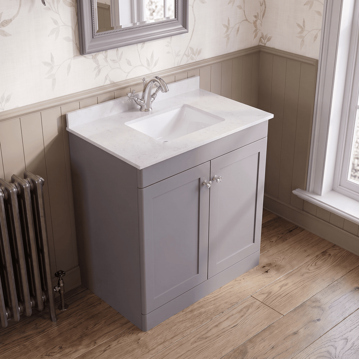 [BFCL226WS1] Swynnerton Traditional 2 Door Floor Standing Vanity Basin Unit with 1 Tap Hole White Marble Worktop and Square Basin, Choice of Size and Colour
