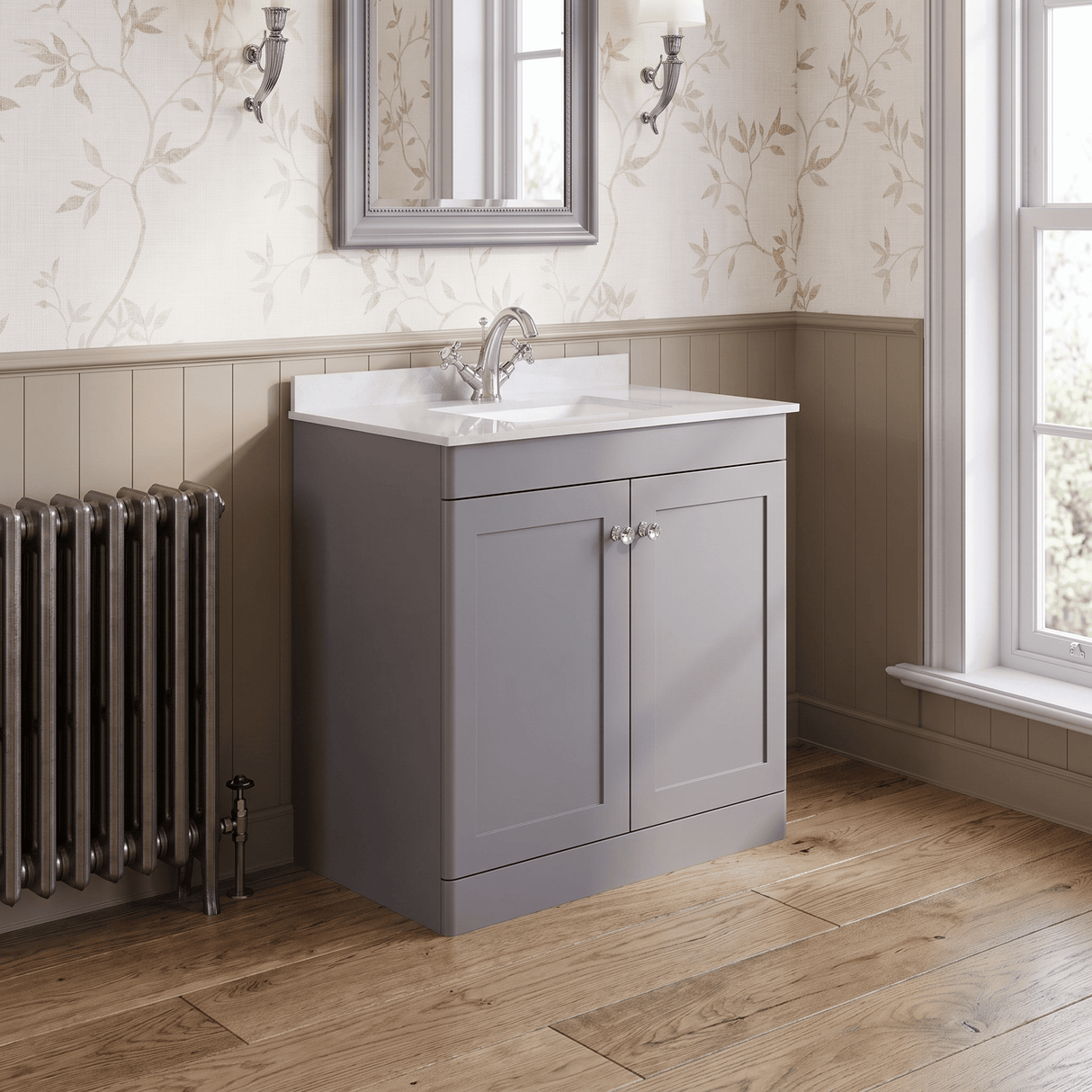 [BFCL226WS1] Swynnerton Traditional 2 Door Floor Standing Vanity Basin Unit with 1 Tap Hole White Marble Worktop and Square Basin, Choice of Size and Colour