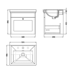 [BFCL291B] Swynnerton Traditional 1 Drawer Wall Hung Vanity Basin Unit with 3 Tap Hole Traditional Fireclay Basin, Choice of Size and Colour - Technical Drawing