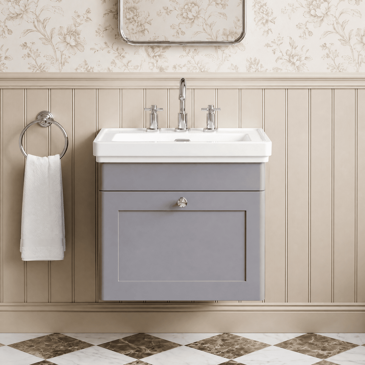 [BFCL291B] Swynnerton Traditional 1 Drawer Wall Hung Vanity Basin Unit with 3 Tap Hole Traditional Fireclay Basin, Choice of Size and Colour