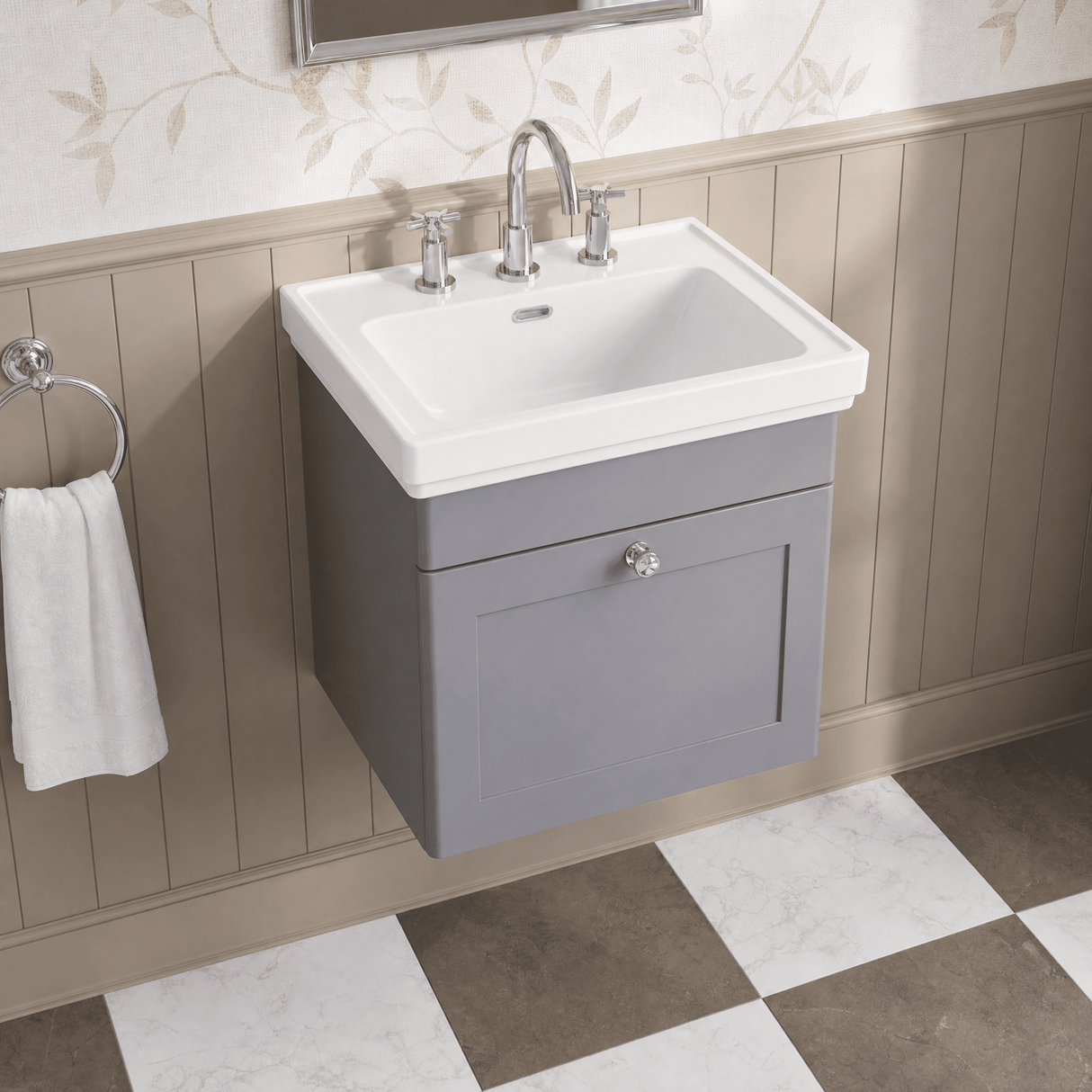 [BFCL291B] Swynnerton Traditional 1 Drawer Wall Hung Vanity Basin Unit with 3 Tap Hole Traditional Fireclay Basin, Choice of Size and Colour