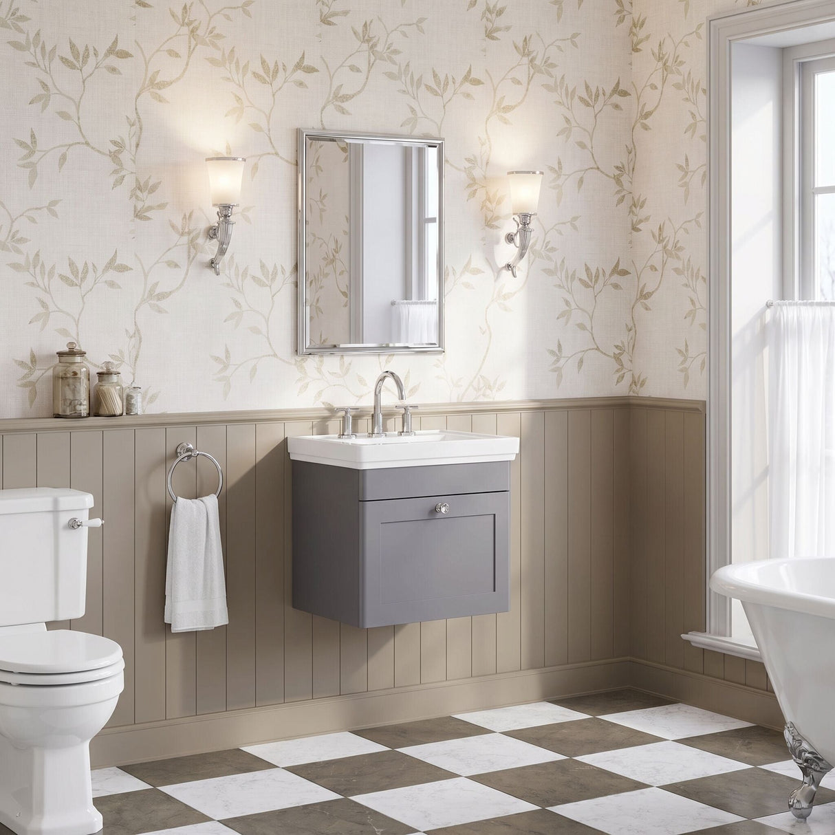 [BFCL291B] Swynnerton Traditional 1 Drawer Wall Hung Vanity Basin Unit with 3 Tap Hole Traditional Fireclay Basin, Choice of Size and Colour