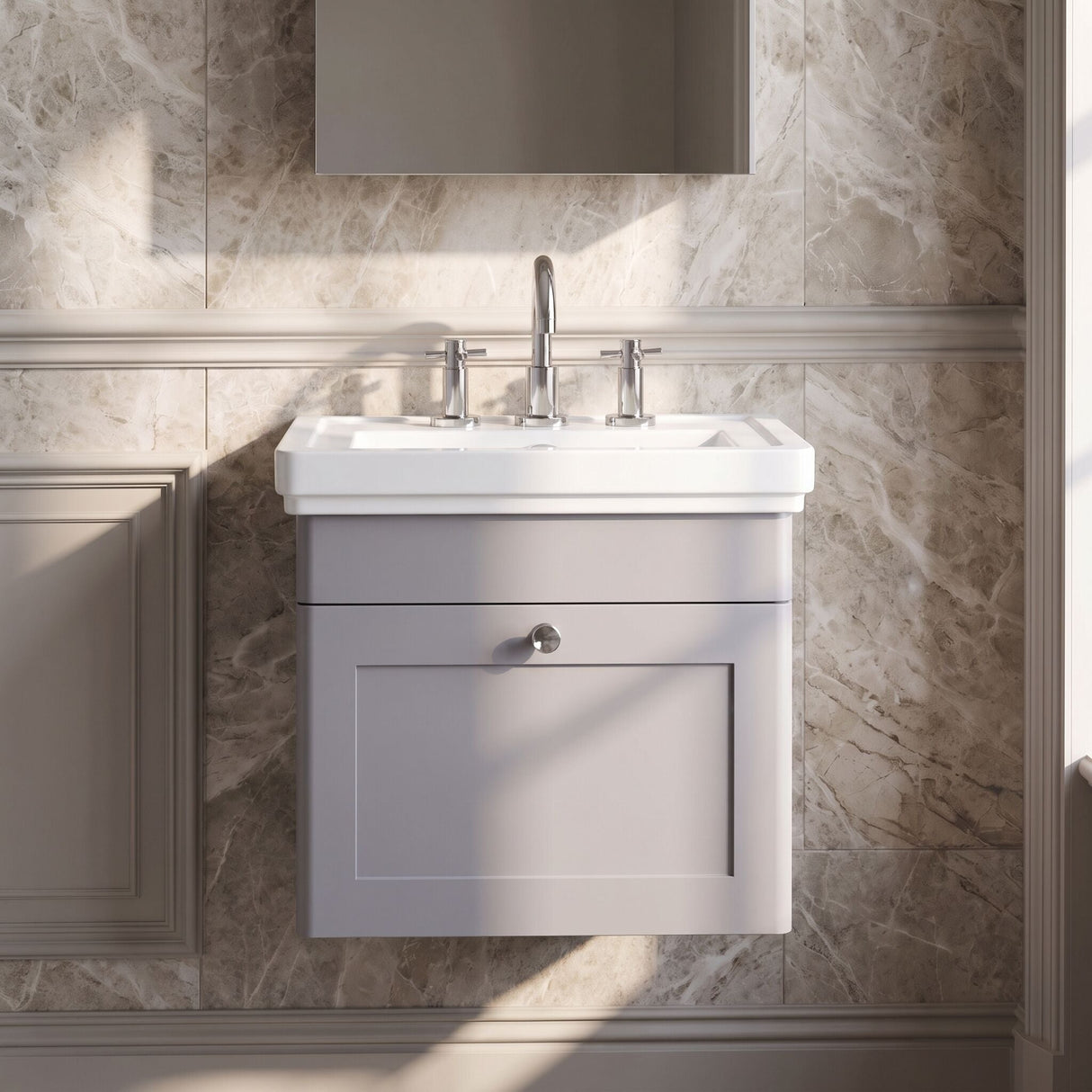 [BFCL291B] Swynnerton Traditional 1 Drawer Wall Hung Vanity Basin Unit with 3 Tap Hole Traditional Fireclay Basin, Choice of Size and Colour - Silo