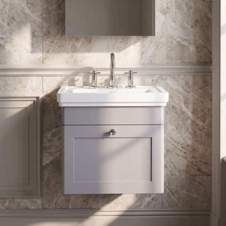[BFCL291B] Swynnerton Traditional 1 Drawer Wall Hung Vanity Basin Unit with 3 Tap Hole Traditional Fireclay Basin, Choice of Size and Colour - Silo