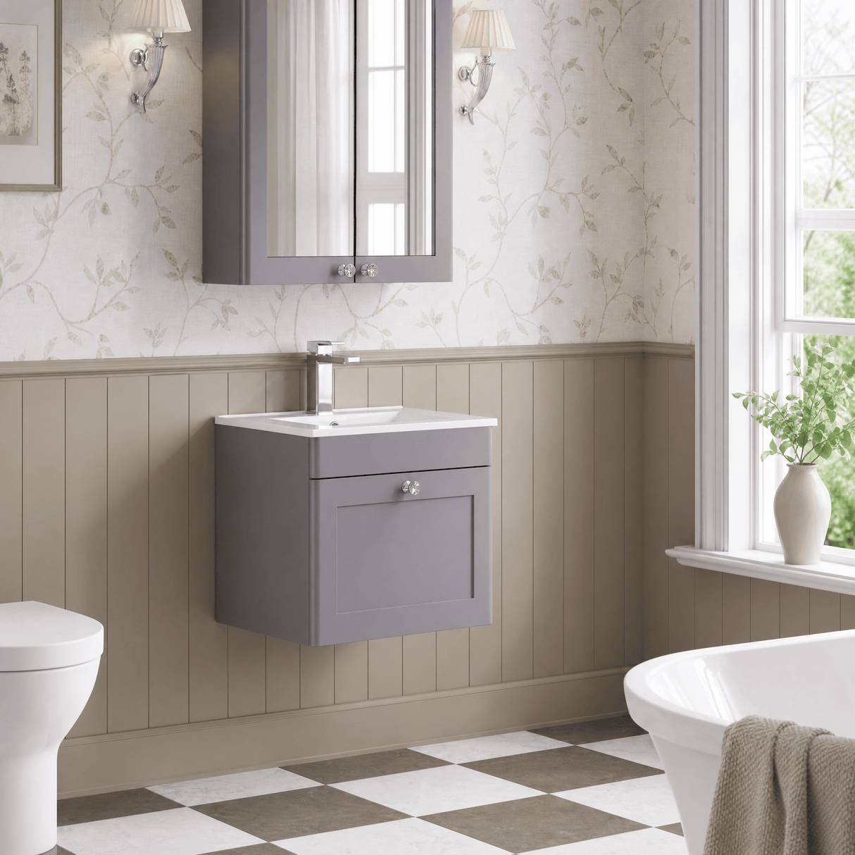 [BFCL291C] Swynnerton Traditional 1 Drawer Wall Hung Vanity Basin Unit with 1 Tap Hole Minimalist Ceramic Basin, Choice of Size and Colour