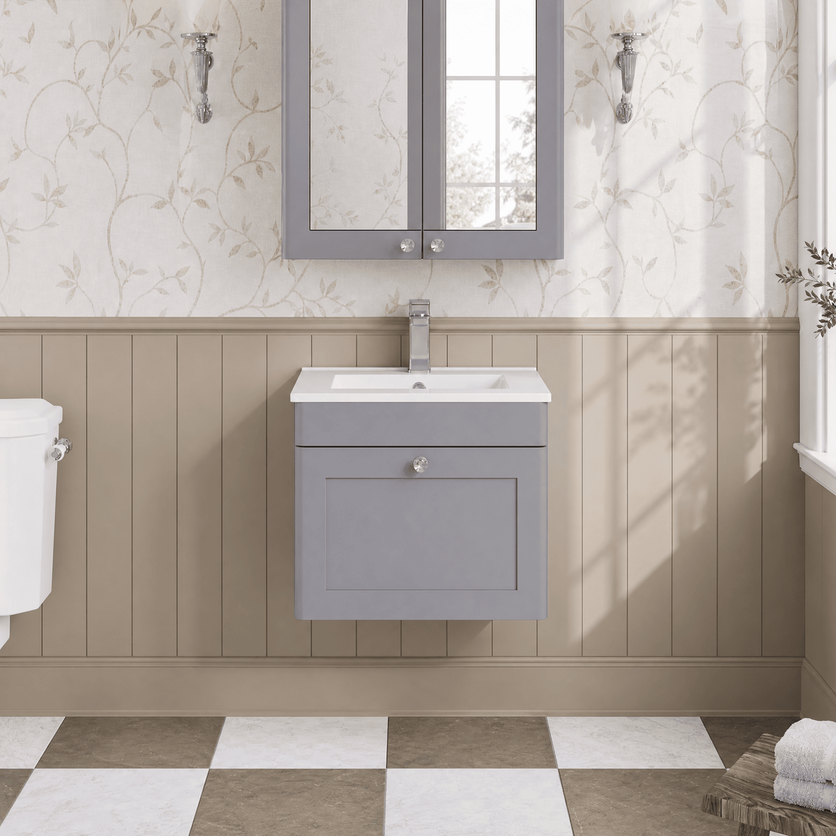 [BFCL291C] Swynnerton Traditional 1 Drawer Wall Hung Vanity Basin Unit with 1 Tap Hole Minimalist Ceramic Basin, Choice of Size and Colour - Silo