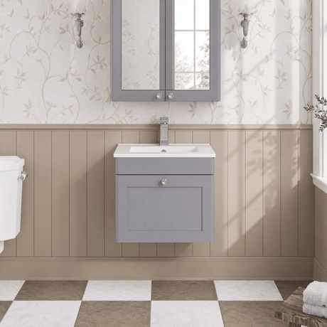 [BFCL291C] Swynnerton Traditional 1 Drawer Wall Hung Vanity Basin Unit with 1 Tap Hole Minimalist Ceramic Basin, Choice of Size and Colour - Silo