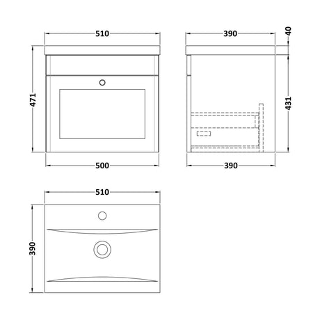 [BFCL291D] Swynnerton Traditional 1 Drawer Wall Hung Vanity Unit with Mid-Edge Basin, Satin Grey, 500mm - Technical Drawing