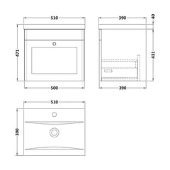 [BFCL291D] Swynnerton Traditional 1 Drawer Wall Hung Vanity Unit with Mid-Edge Basin, 500mm, Choice of Colour - Technical Drawing
