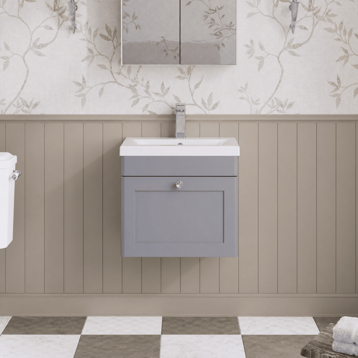 [BFCL291D] Swynnerton Traditional 1 Drawer Wall Hung Vanity Unit with Mid-Edge Basin, 500mm, Choice of Colour