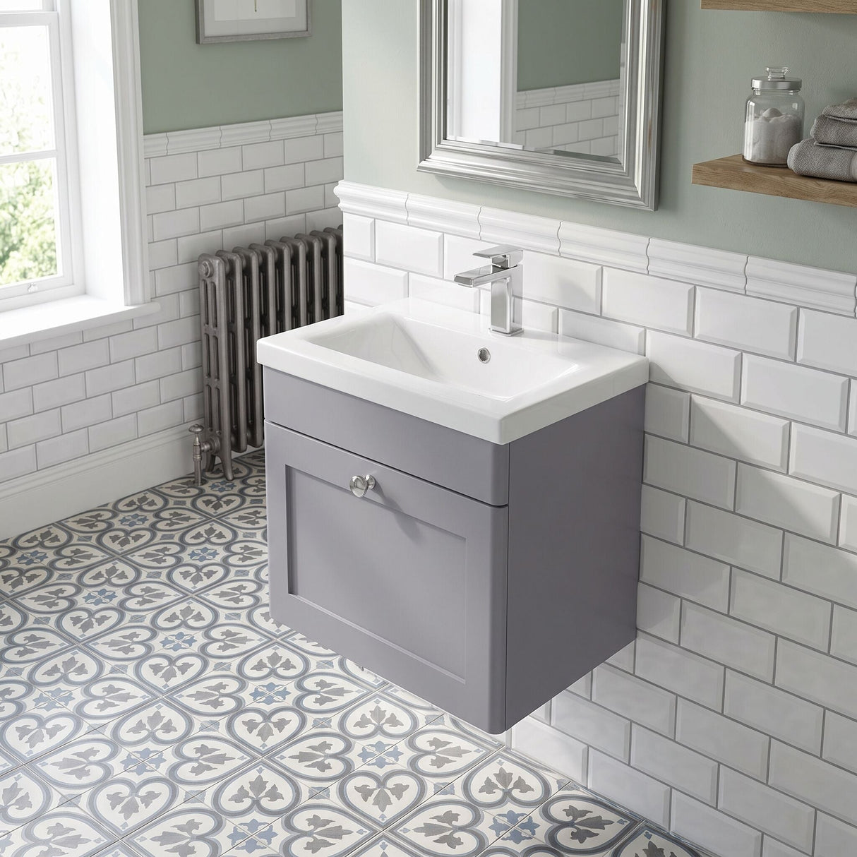[BFCL291D] Swynnerton Traditional 1 Drawer Wall Hung Vanity Unit with Mid-Edge Basin, 500mm, Choice of Colour