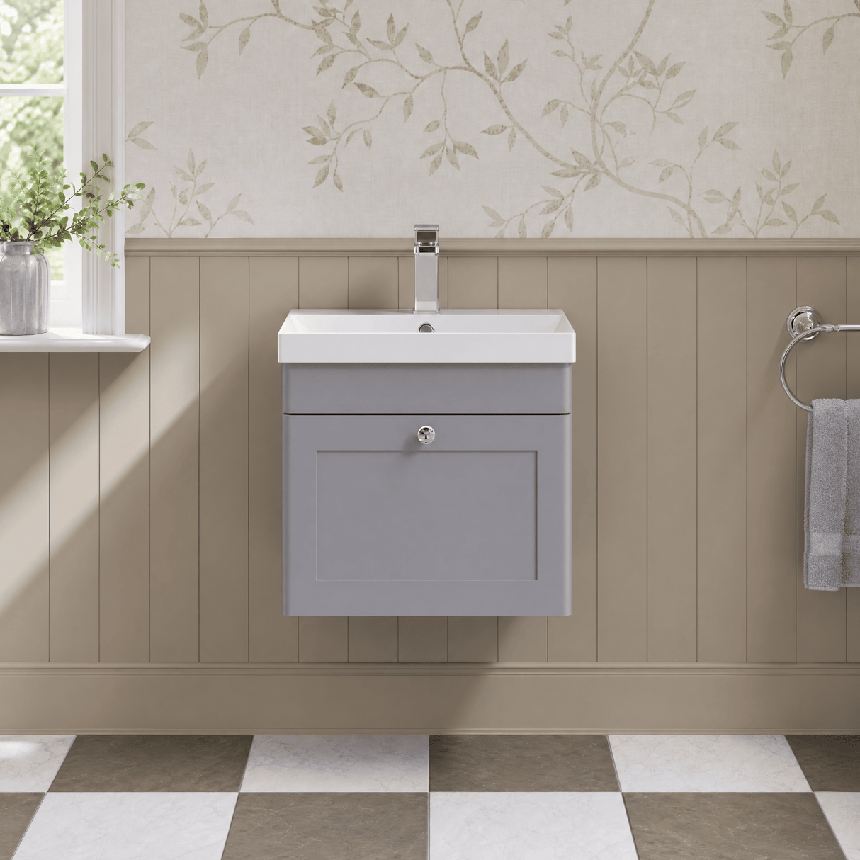 [BFCL291E] Swynnerton Traditional 1 Drawer Wall Hung Vanity Unit with Thin Edge Basin, Choice of Size and Colour