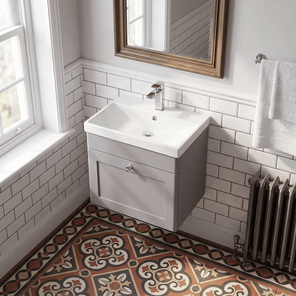[BFCL291E] Swynnerton Traditional 1 Drawer Wall Hung Vanity Unit with Thin Edge Basin, Choice of Size and Colour