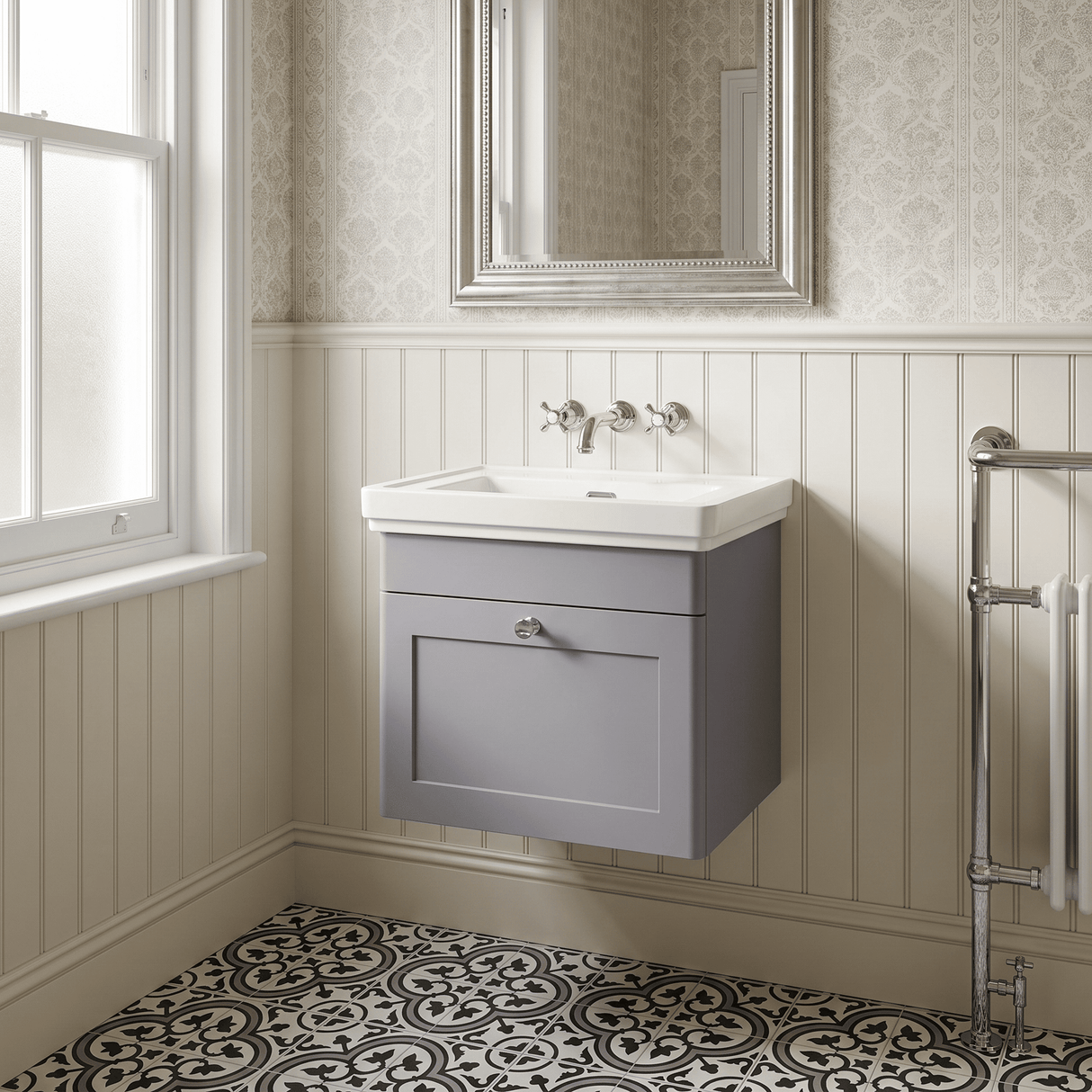 [BFCL291H] Swynnerton Traditional 1 Drawer Wall Hung Vanity Unit with 0 Tap Hole Traditional Fireclay Basin, Choice of Size and Colour