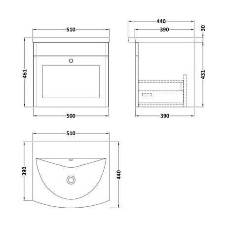 [BFCL291J] Swynnerton Traditional 1 Drawer Wall Hung Vanity Unit with Basin, Satin Grey, 500mm - Technical Drawing