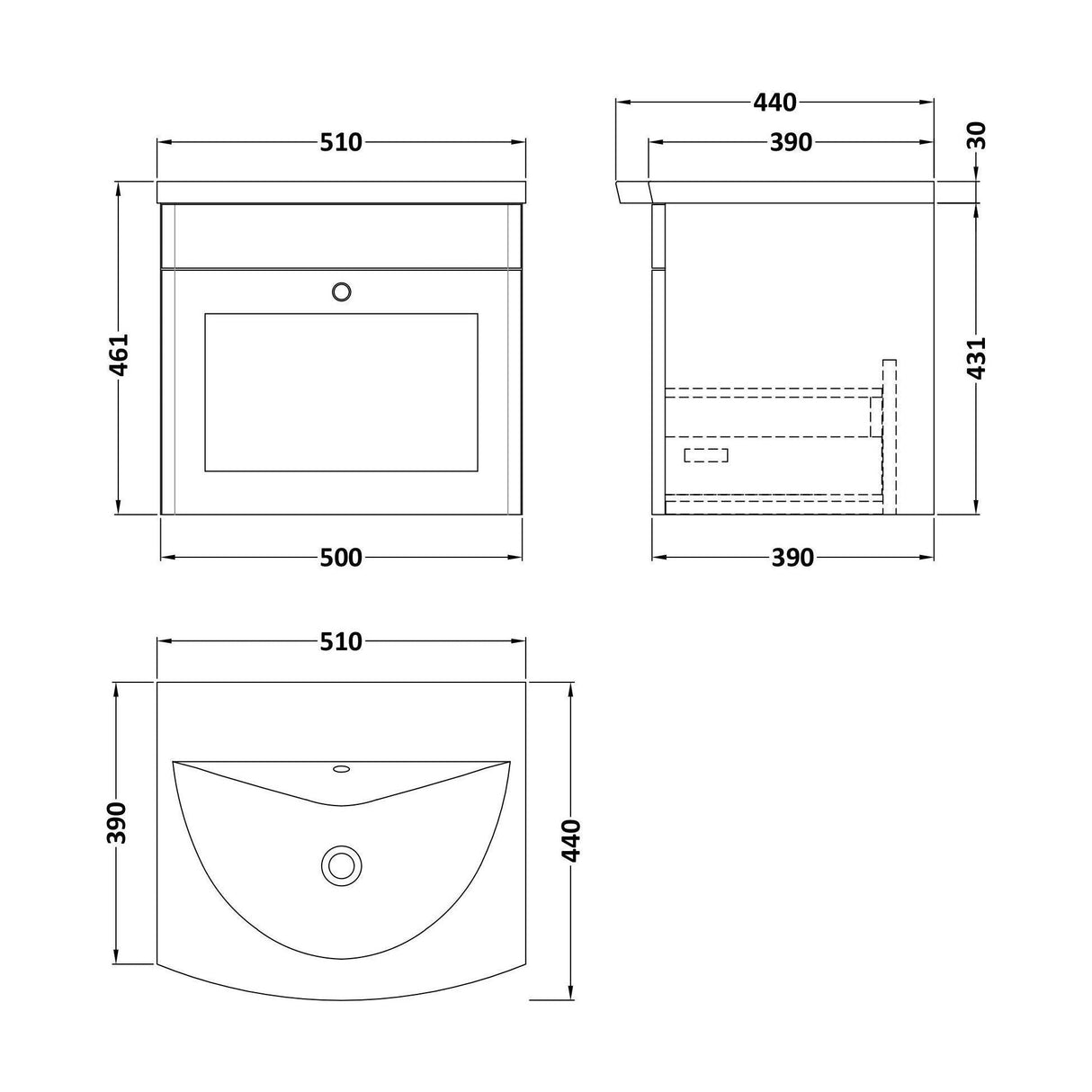 [BFCL291J] Swynnerton Traditional 1 Drawer Wall Hung Vanity Unit with Curved Basin, Choice of Colour - Technical Drawing