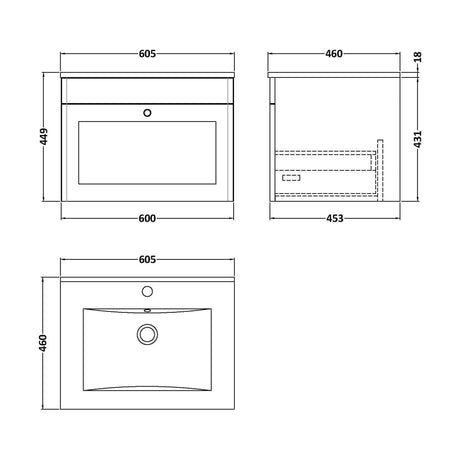 [BFCL294C] Swynnerton Traditional 1 Drawer Wall Hung Vanity Unit with Basin, Satin Grey, 600mm - Technical Drawing