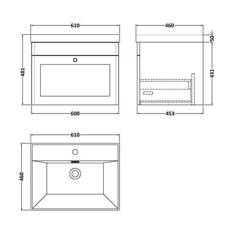 [BFCL294E] Swynnerton Traditional 1 Drawer Wall Hung Vanity Unit with Thin Edge Basin, Satin Grey, 600mm - Technical Drawing