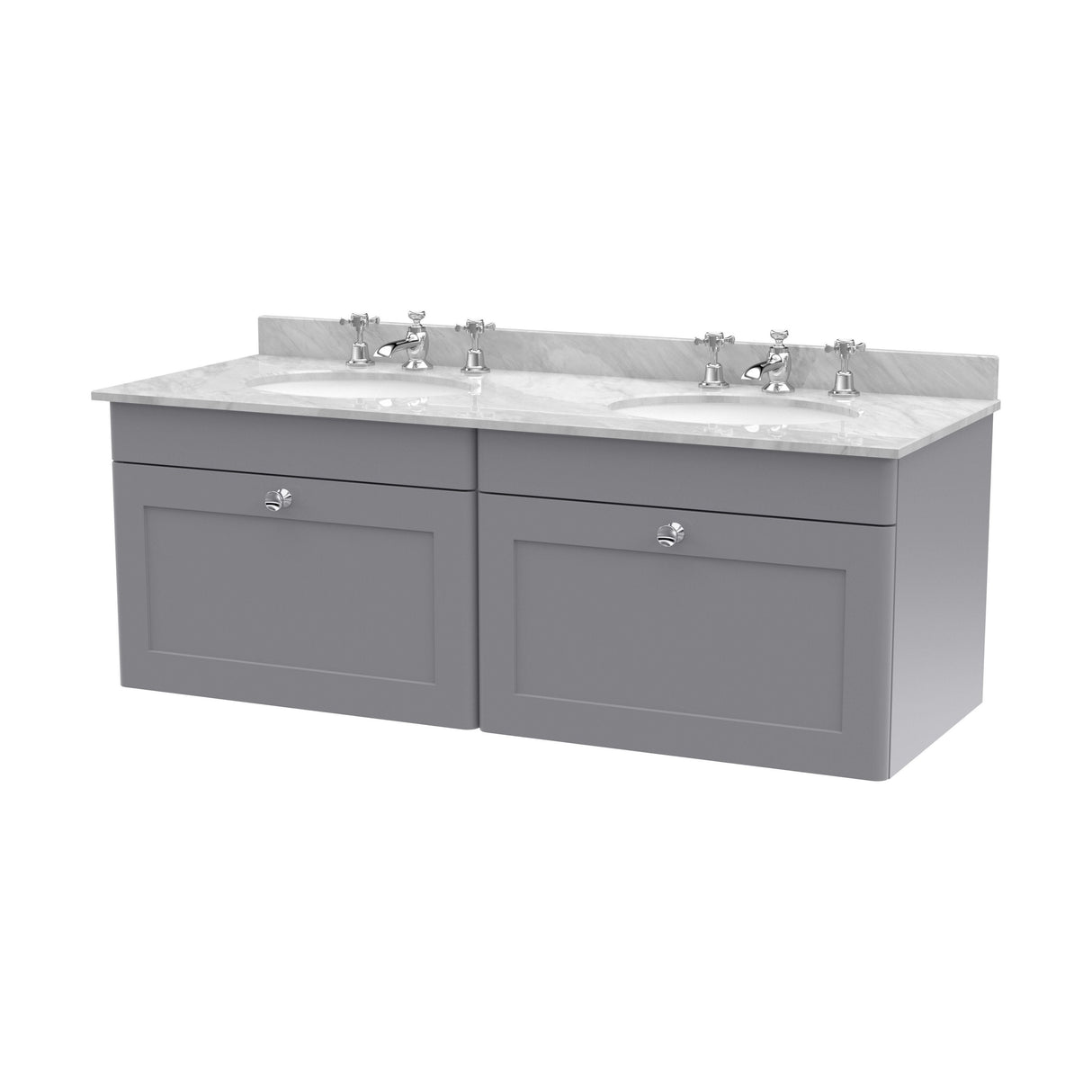 [BFCL294GR6] Swynnerton Traditional 2 Drawer Wall Hung Vanity Basin Unit with Double 3 Tap Hole Grey Marble Basin, 1200mm, Choice of Colour - Cutout