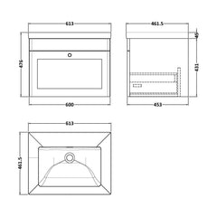 [BFCL294K] Swynnerton Traditional 1 Drawer Wall Hung Vanity Basin Unit with 0 Tap Hole Modern Fireclay Basin, Choice of Size and Colour - Technical Drawing