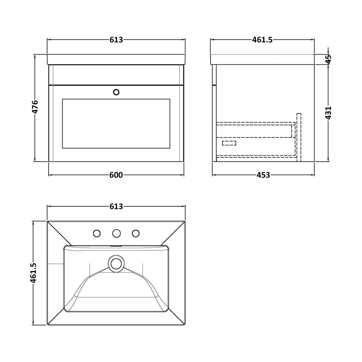 [BFCL294M] Swynnerton Traditional 1 Drawer Wall Hung Vanity Basin Unit with 3 Tap Hole Modern Fireclay Basin, Choice of Size and Colour - Technical Drawing
