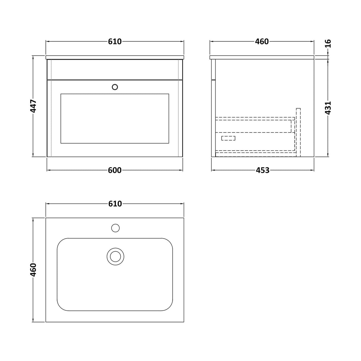 [BFCL294P] Swynnerton Traditional 1 Drawer Wall Hung Vanity Basin Unit with 1 Tap Hole Stone Basin, Choice of Size and Colour - Technical Drawing