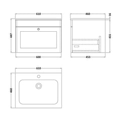 [BFCL294P] Swynnerton Traditional 1 Drawer Wall Hung Vanity Basin Unit with 1 Tap Hole Stone Basin, Choice of Size and Colour - Technical Drawing