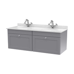 [BFCL294WR2] Swynnerton Traditional 2 Drawer Wall Hung Vanity Basin Unit with Double 1 Tap Hole White Marble Worktop and Basin, 1200mm, Choice of Colour - Cutout