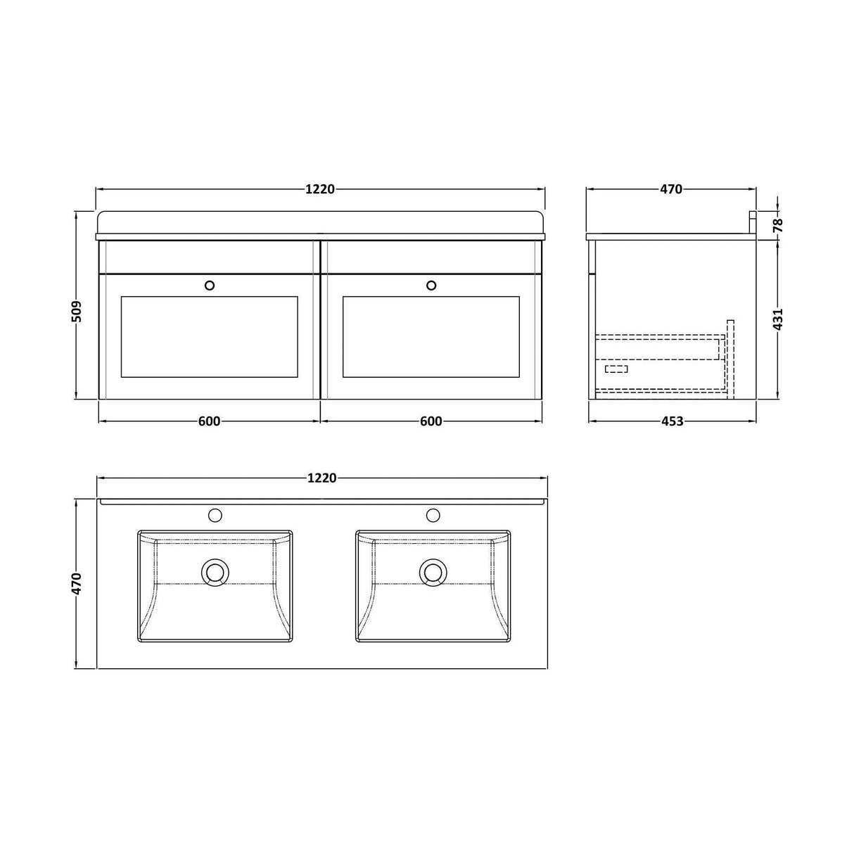 [BFCL294WS2] Swynnerton Traditional 2 Drawer Wall Hung Vanity Basin Unit with Double 1 Tap Hole White Marble Worktop and Square Basin, 1200mm, Choice of Colour - Technical Drawing