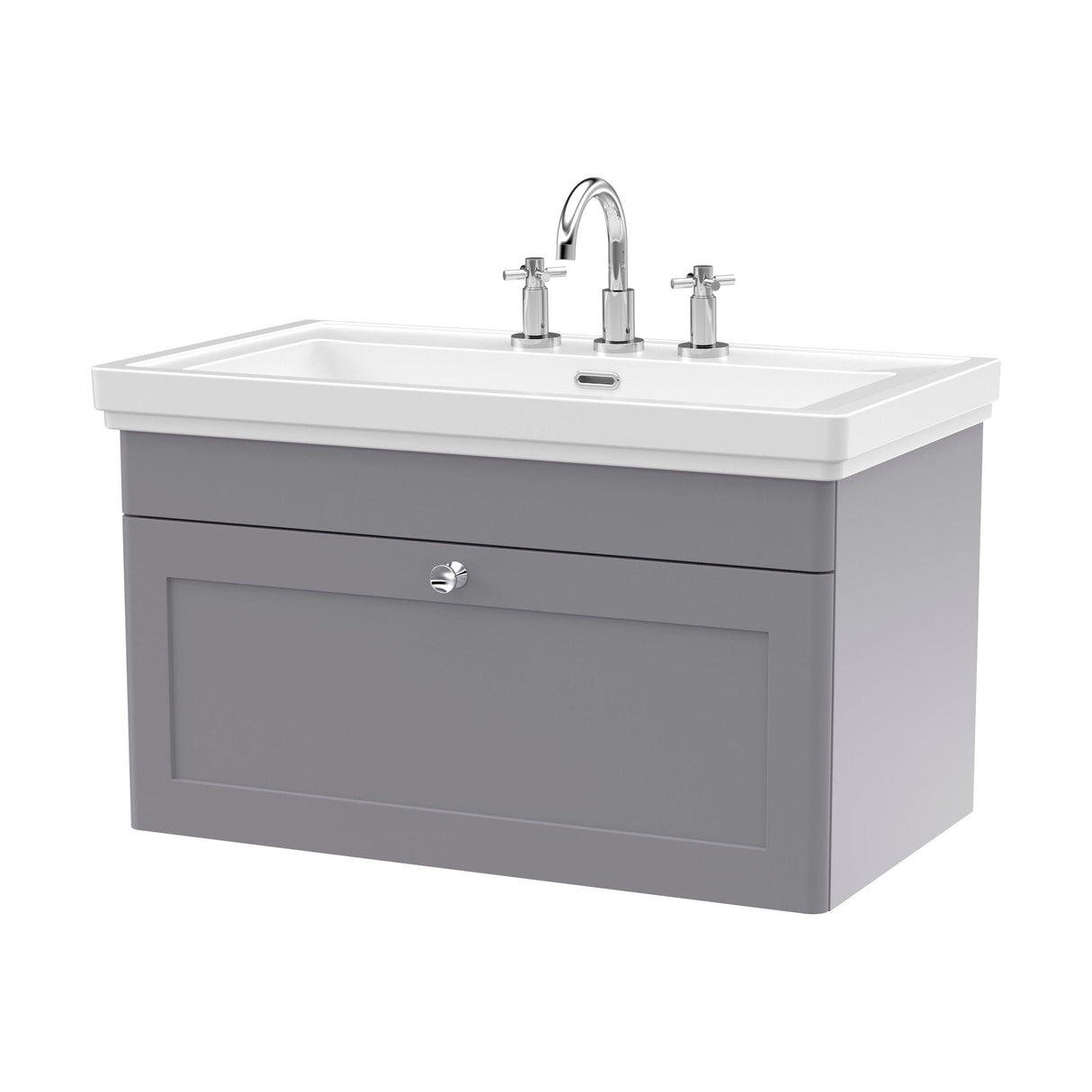 [BFCL296B] Swynnerton Traditional 1 Drawer Wall Hung Vanity Basin Unit with 3 Tap Hole Traditional Fireclay Basin, Choice of Size and Colour - Cutout