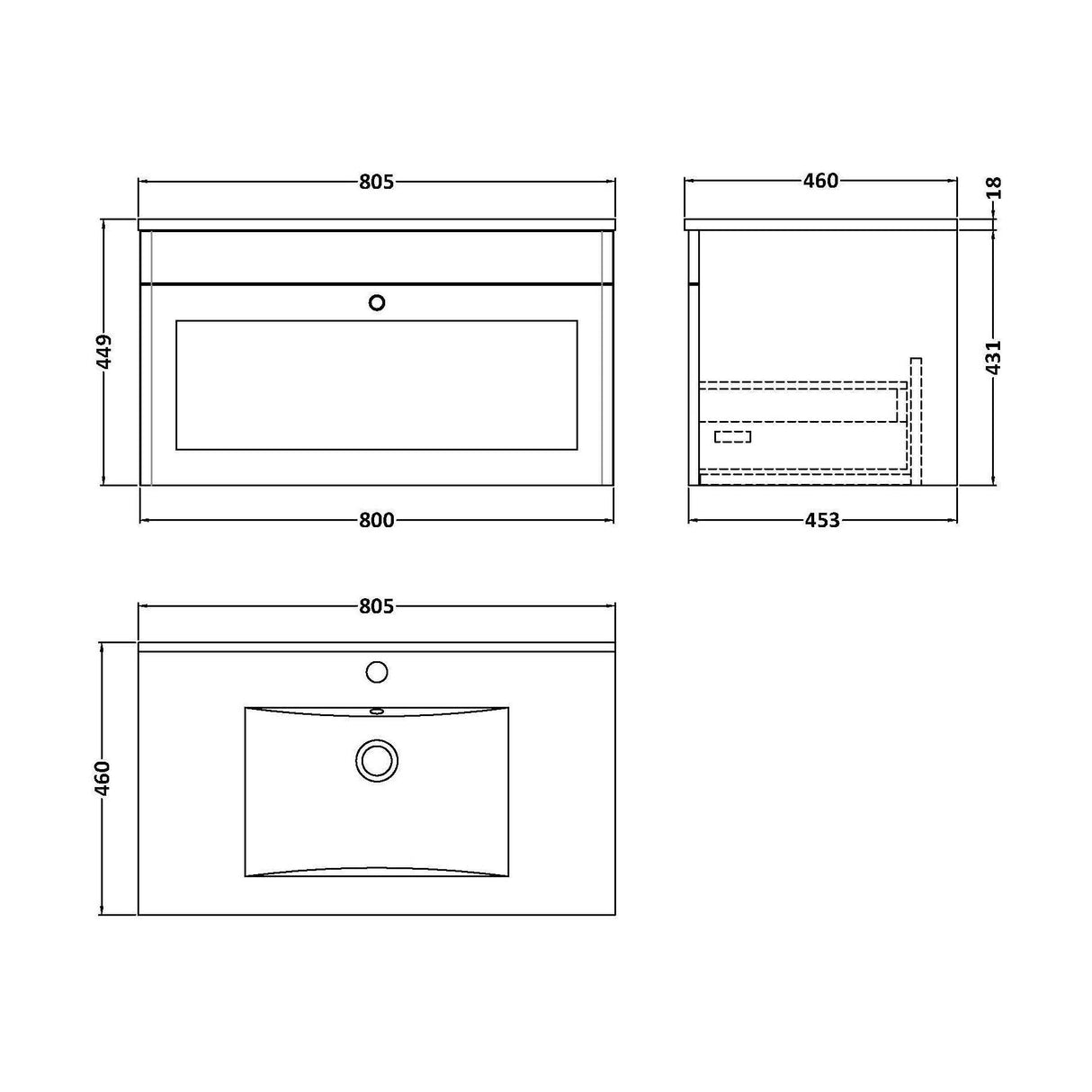 [BFCL296C] Swynnerton Traditional 1 Drawer Wall Hung Vanity Basin Unit with 1 Tap Hole Minimalist Ceramic Basin, Choice of Size and Colour - Technical Drawing