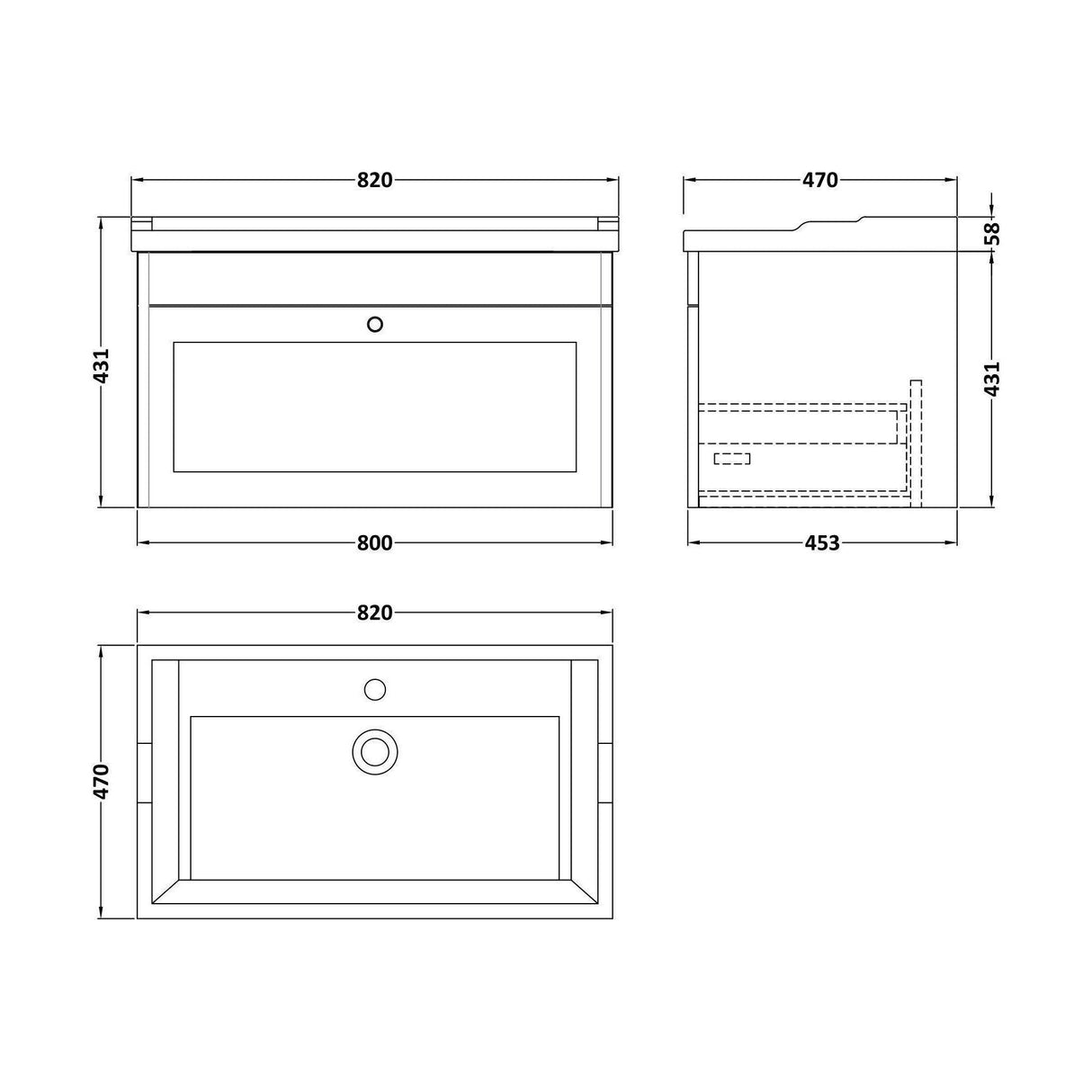 [BFCL296F] Swynnerton Traditional 1 Drawer Wall Hung Vanity Basin Unit with 1 Tap Hole Traditional Ceramic Basin, Choice of Size and Colour - Technical Drawing