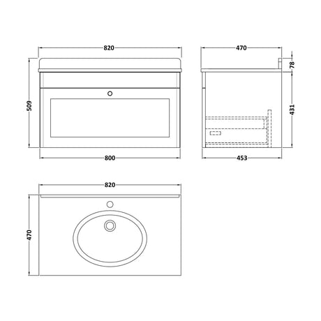 [BFCL296GR1] Swynnerton Traditional 1 Drawer Wall Hung Vanity Unit with Marble Basin, Satin Grey, 800mm - Technical Drawing