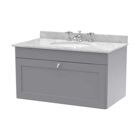 [BFCL296GR3] Swynnerton Traditional 1 Drawer Wall Hung Vanity Basin Unit with 3 Tap Hole Grey Marble Top Basin, Choice of Size and Colour - Cutout