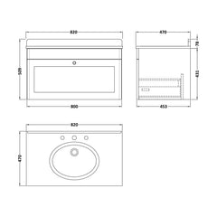 [BFCL296GR3] Swynnerton Traditional 1 Drawer Wall Hung Vanity Basin Unit with 3 Tap Hole Grey Marble Top Basin, Choice of Size and Colour - Technical Drawing
