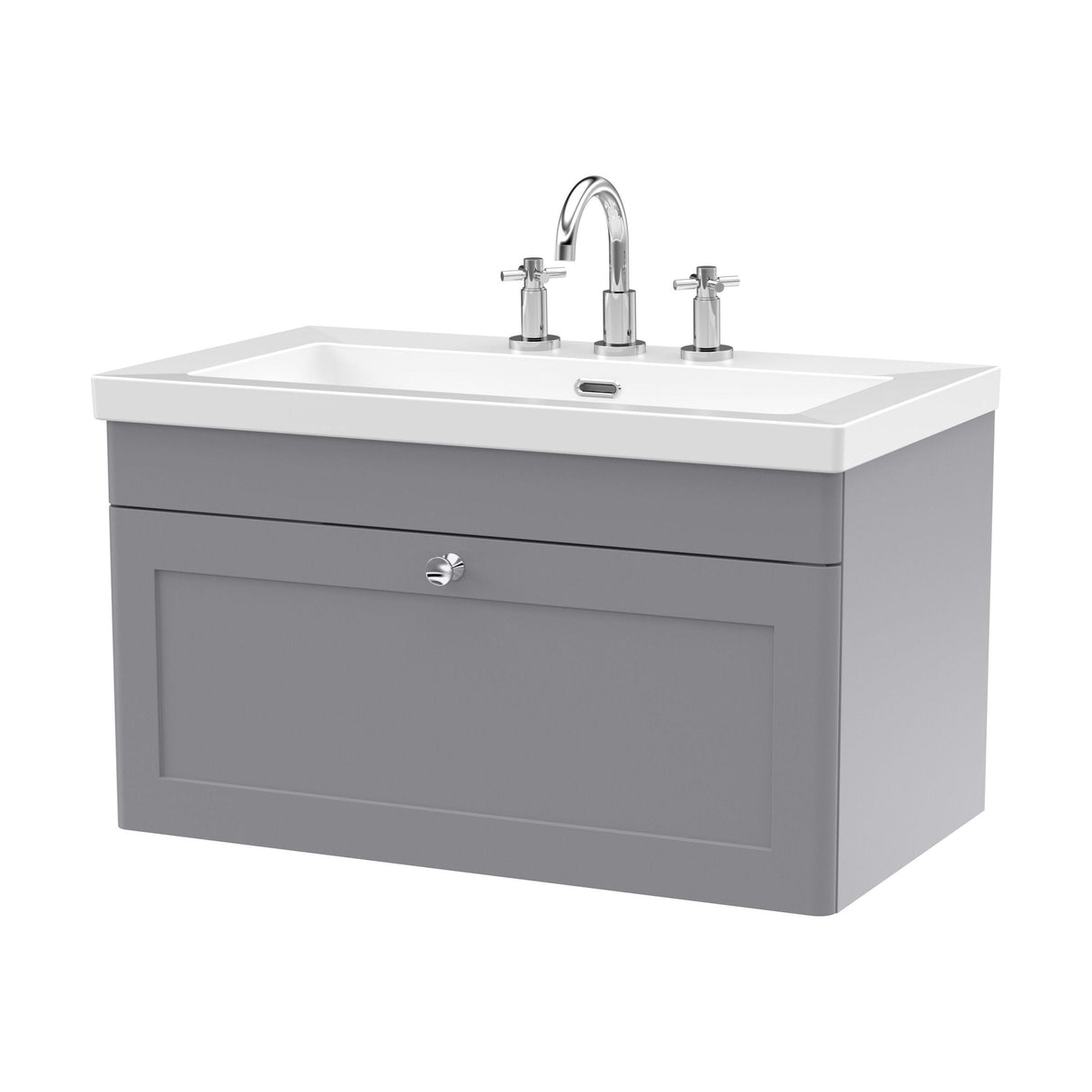 [BFCL296M] Swynnerton Traditional 1 Drawer Wall Hung Vanity Basin Unit with 3 Tap Hole Modern Fireclay Basin, Choice of Size and Colour - Cutout