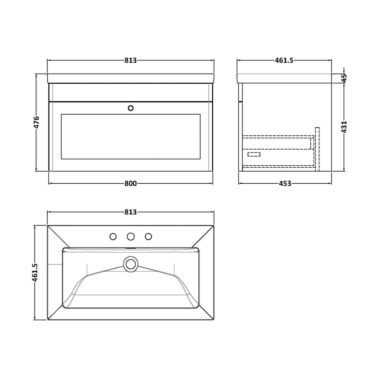 [BFCL296M] Swynnerton Traditional 1 Drawer Wall Hung Vanity Basin Unit with 3 Tap Hole Modern Fireclay Basin, Choice of Size and Colour - Technical Drawing