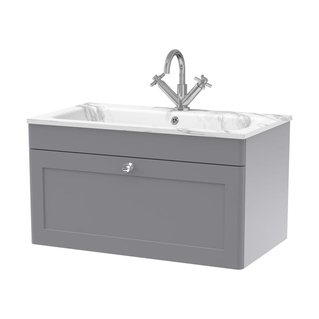 [BFCL296Q] Swynnerton Traditional 1 Drawer Wall Hung Vanity Unit with Stone Basin, Satin Grey, 800mm - Cutout