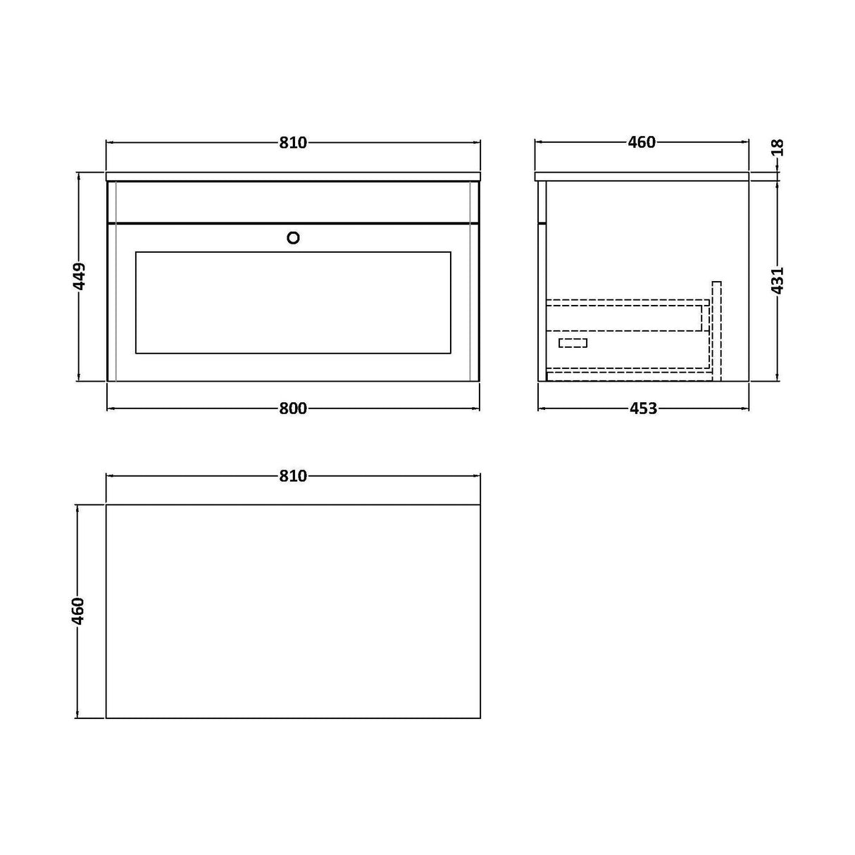 [BFCL296WMT] Swynnerton Traditional 1 Drawer Wall Hung Vanity Unit with White Marble Worktop, Choice of Size and Colour - Technical Drawing