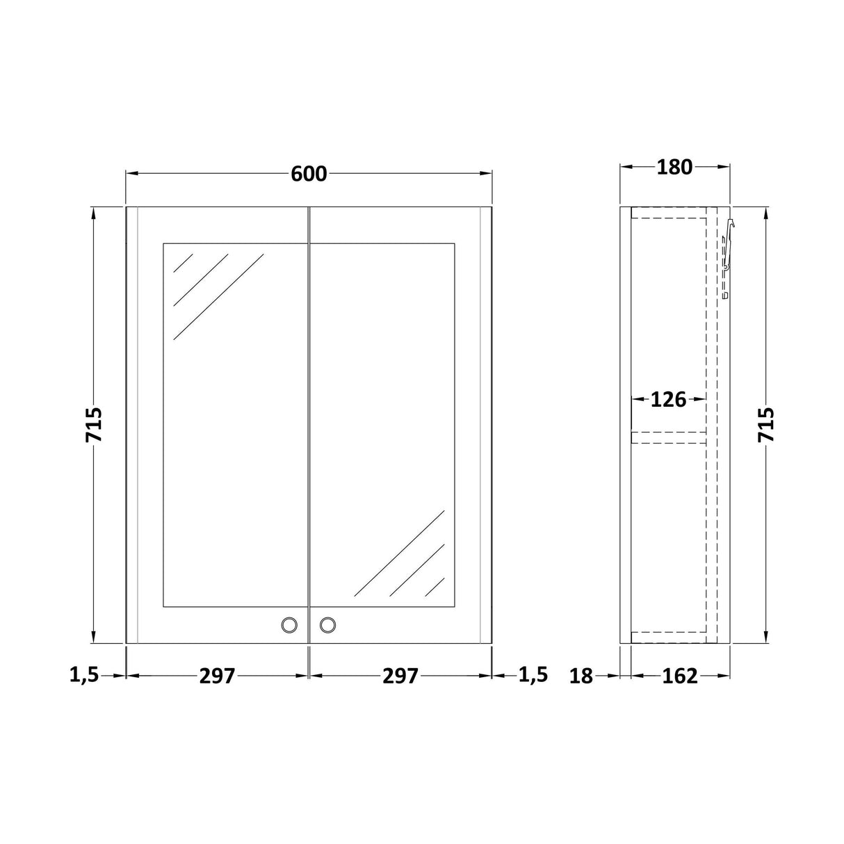 [BFCL817] Swynnerton Traditional Wall Hung 2 Soft Close Door Mirror Cabinet, 600mm - Choice of Colour - Technical Drawing