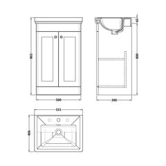 [BFCL823B] Swynnerton Traditional 2 Door Floor Standing Vanity Basin Unit with 3 Tap Hole Traditional Fireclay Basin, Choice of Size and Colour - Technical Drawing