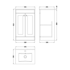 [BFCL823C] Swynnerton Traditional 2 Door Floor Standing Vanity Basin Unit with 1 Tap Hole Minimalist Ceramic Basin, Choice of Size and Colour - Technical Drawing
